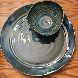 Handcrafted Pottery Stoneware Plate With Attached Dip Bowl